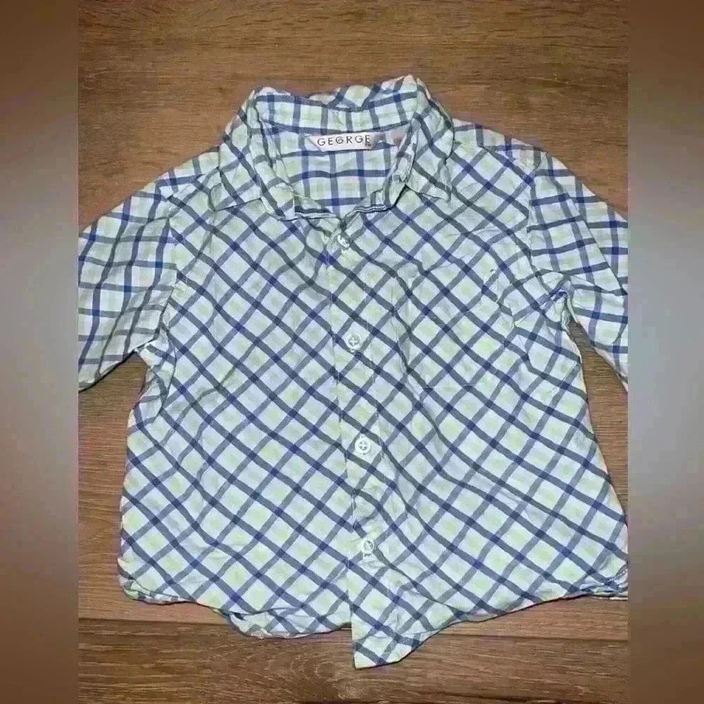 George Baby Boy Blue & Green Long Sleeve Plaid Shirt Size 24 Months